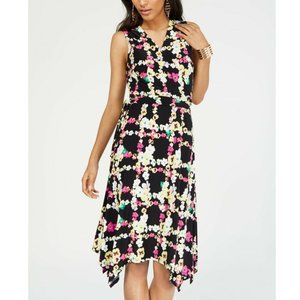INC XL Black Disty Grid Floral Wrap Dress NWT